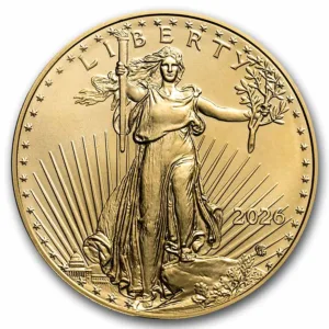 Gold American Eagle coin featuring the iconic Liberty design, dated 2026, with Liberty holding a torch and an olive branch, against a backdrop of radiant sunburst and the U.S. Capitol building.