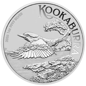 Silver Kookaburra coin featuring a detailed design of a Kookaburra in flight, with the inscription "2026 1oz .9999 Silver" and "KOOKABURRA," showcasing its unique artistry and high purity.