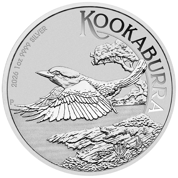 Silver Kookaburra coin featuring a detailed design of a Kookaburra in flight, with the inscription "2026 1oz .9999 Silver" and "KOOKABURRA," showcasing its unique artistry and high purity.