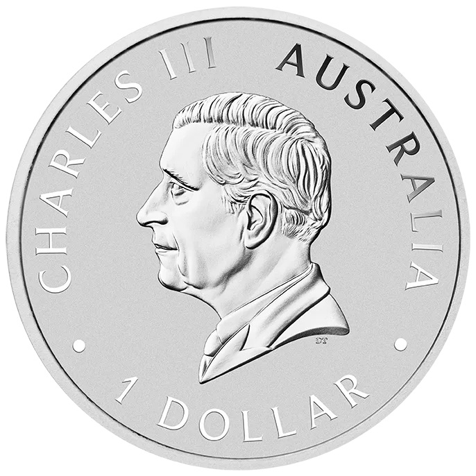 One dollar coin featuring a profile of Charles III, issued by Australia, showcasing intricate details and inscriptions.