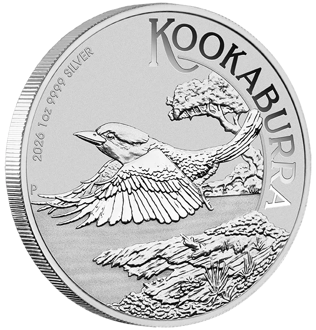 2026 Australian Kookaburra silver coin featuring a detailed design of a flying kookaburra above a natural landscape, made of 1 ounce of 9999 fine silver.